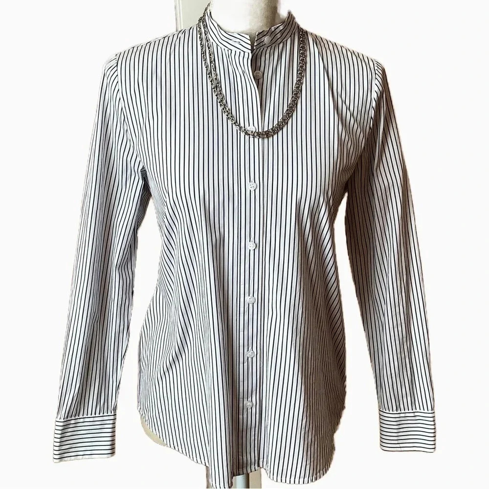 JUDITH & CHARLES Navy Striped Cotton Poplin Mandarin Collar Button Down Shirt 2